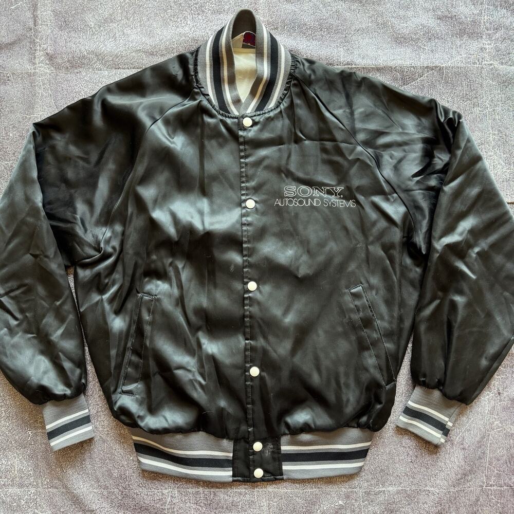 Men's Vintage 80's MVP Sony Autosound Systems Black Satin Bomber Jacket Sz XL